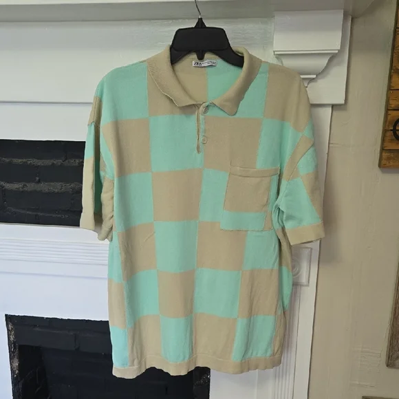 ZARA Aqua and Tan Checkered Polo Shirt - Picture 1 of 9